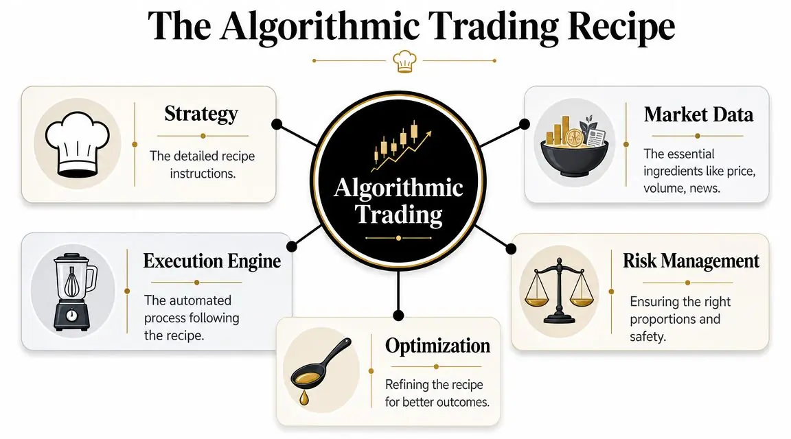An infographic titled The Algorithmic Trading Recipe illustrating core components like strategy, market data, execution, and risk management.