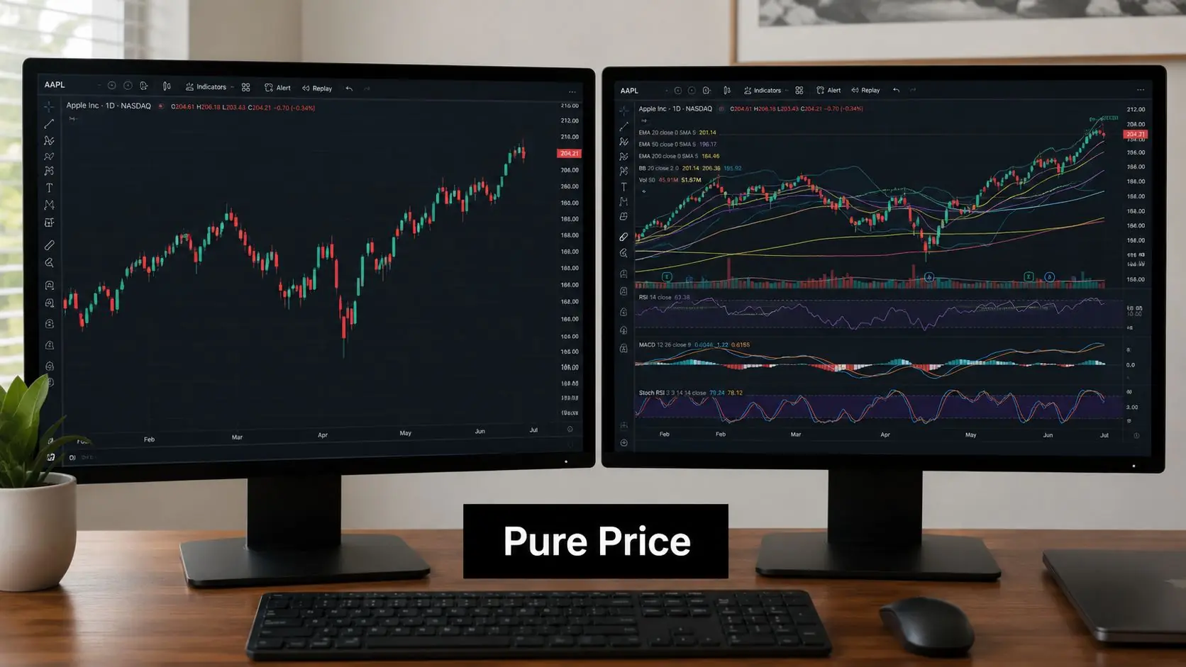 Dual computer monitors on a wooden desk displaying AAPL stock charts with technical analysis indicators.
