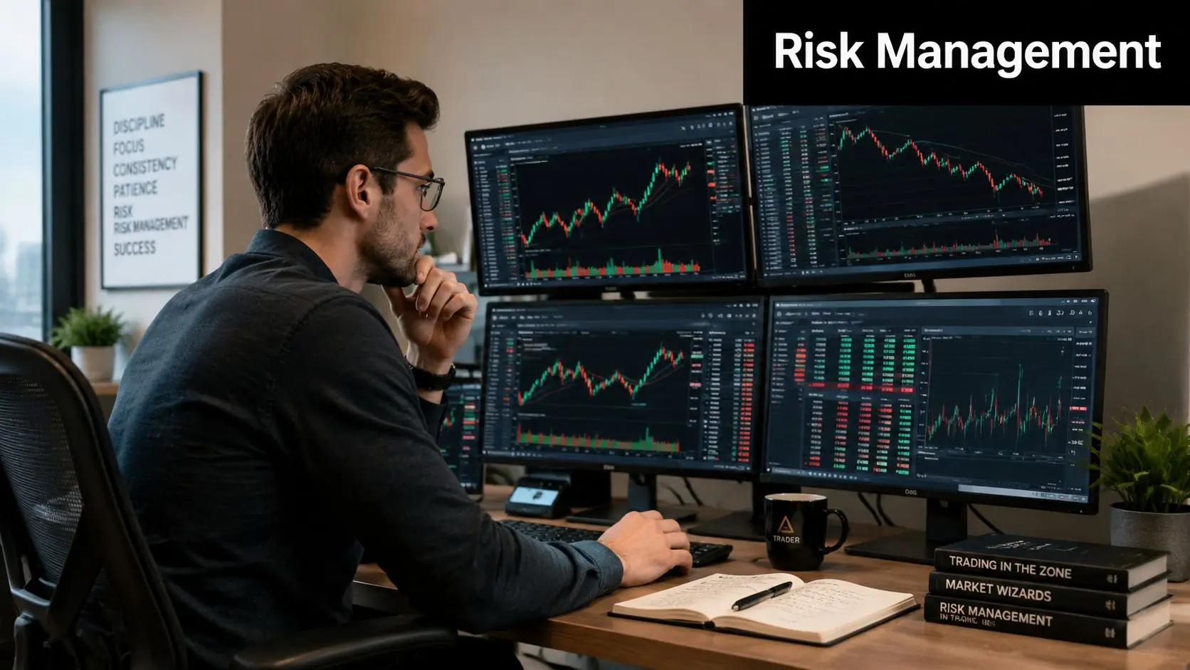 A professional trader sitting at a desk with multiple monitors analyzing complex financial stock market charts.