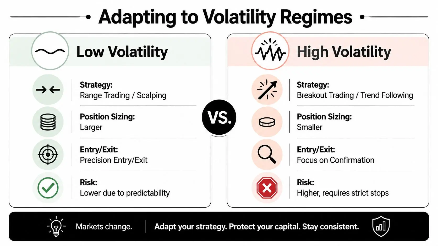 A comparison chart showing trading strategies and risk management techniques for low volatility versus high volatility market conditions.