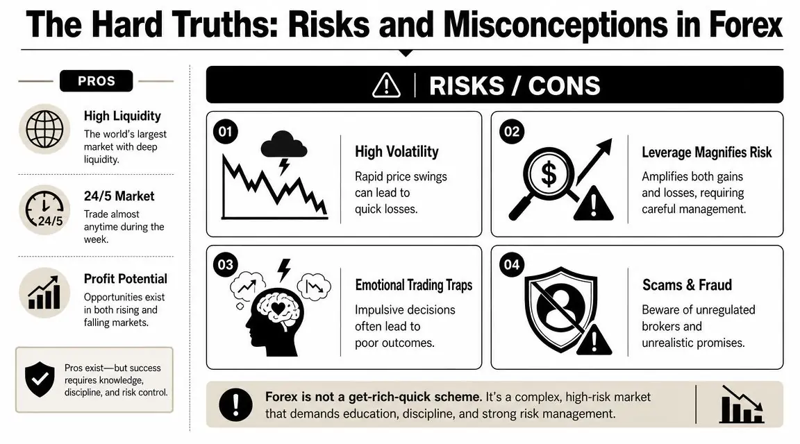 An infographic titled The Hard Truths of Forex detailing the pros and risks of trading currency markets.