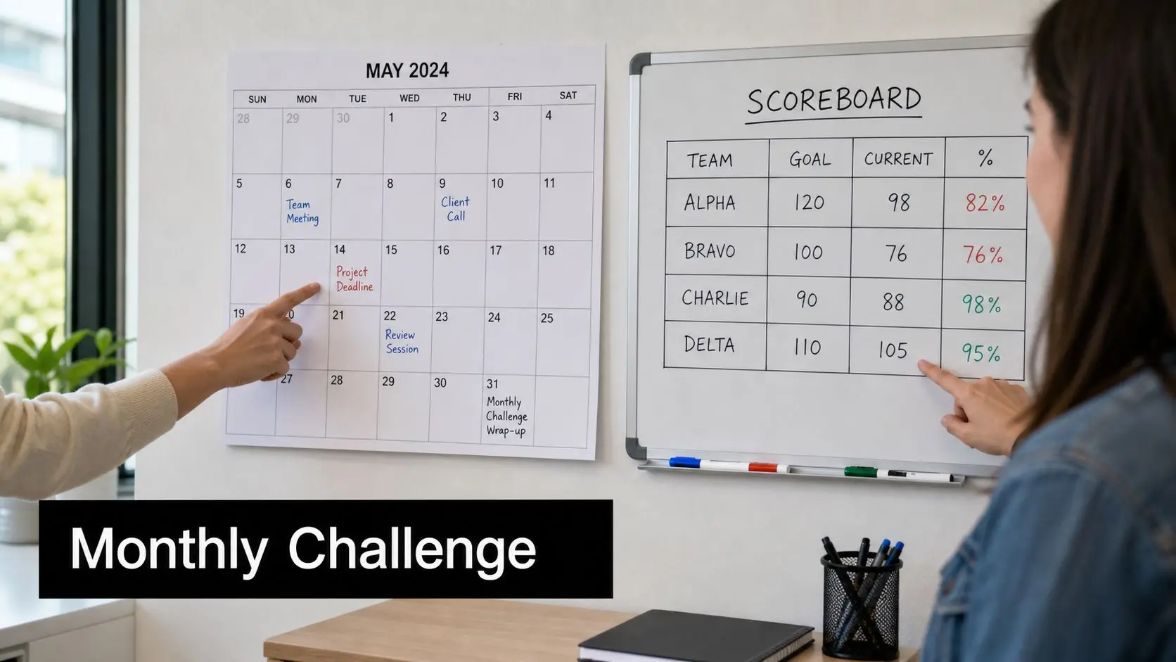 A professional setting where two people discuss a calendar and a team scoreboard on a wall.