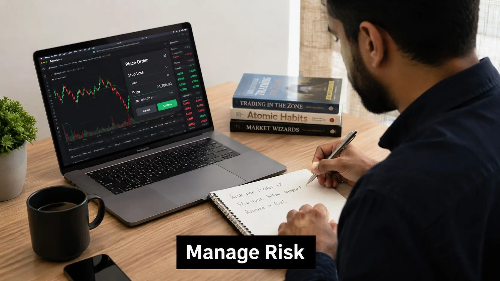 A trader sitting at a desk with a laptop, books, and a notebook focused on risk management.
