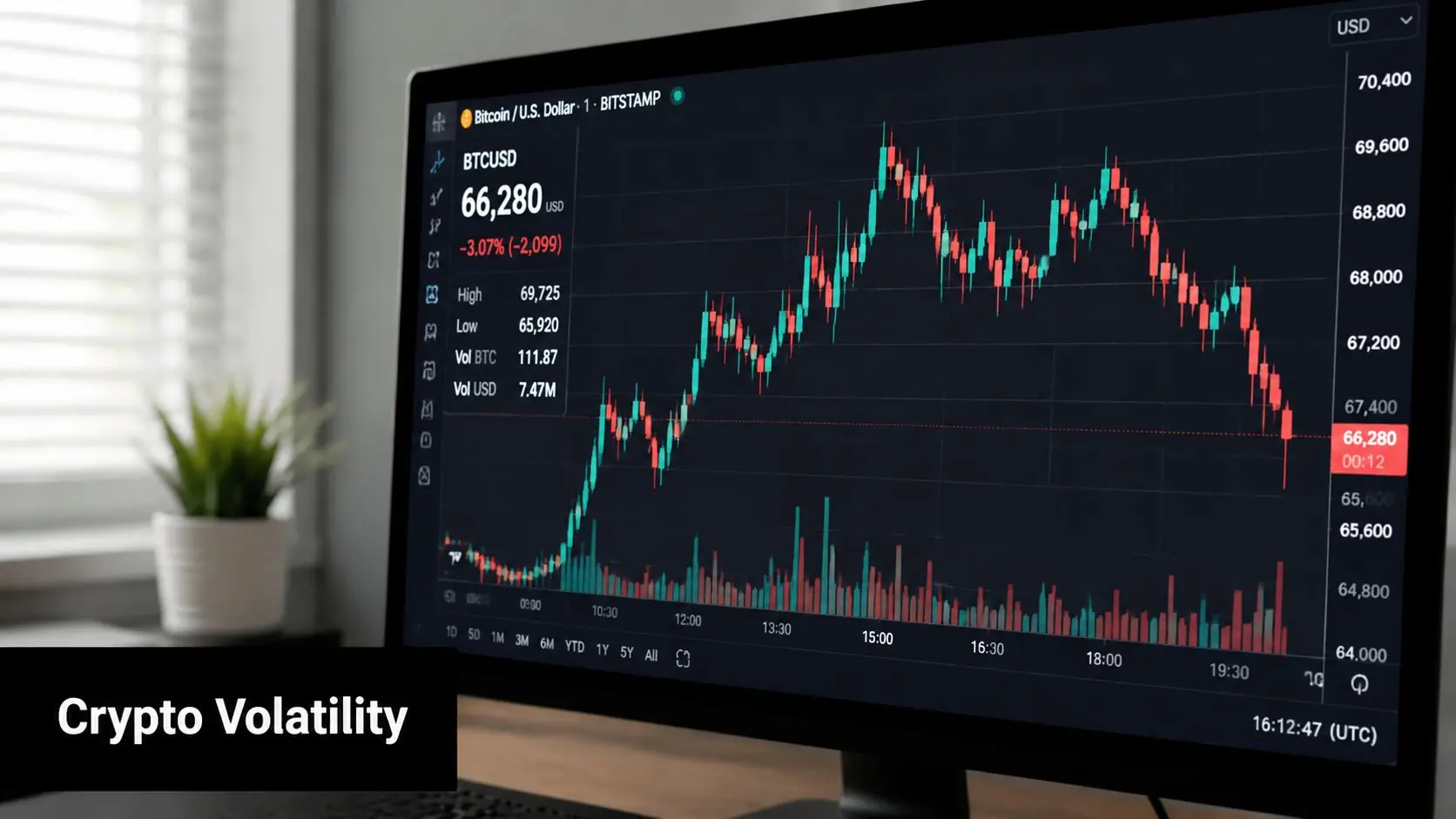 A computer screen displaying a live Bitcoin price chart showing market volatility in a modern office.