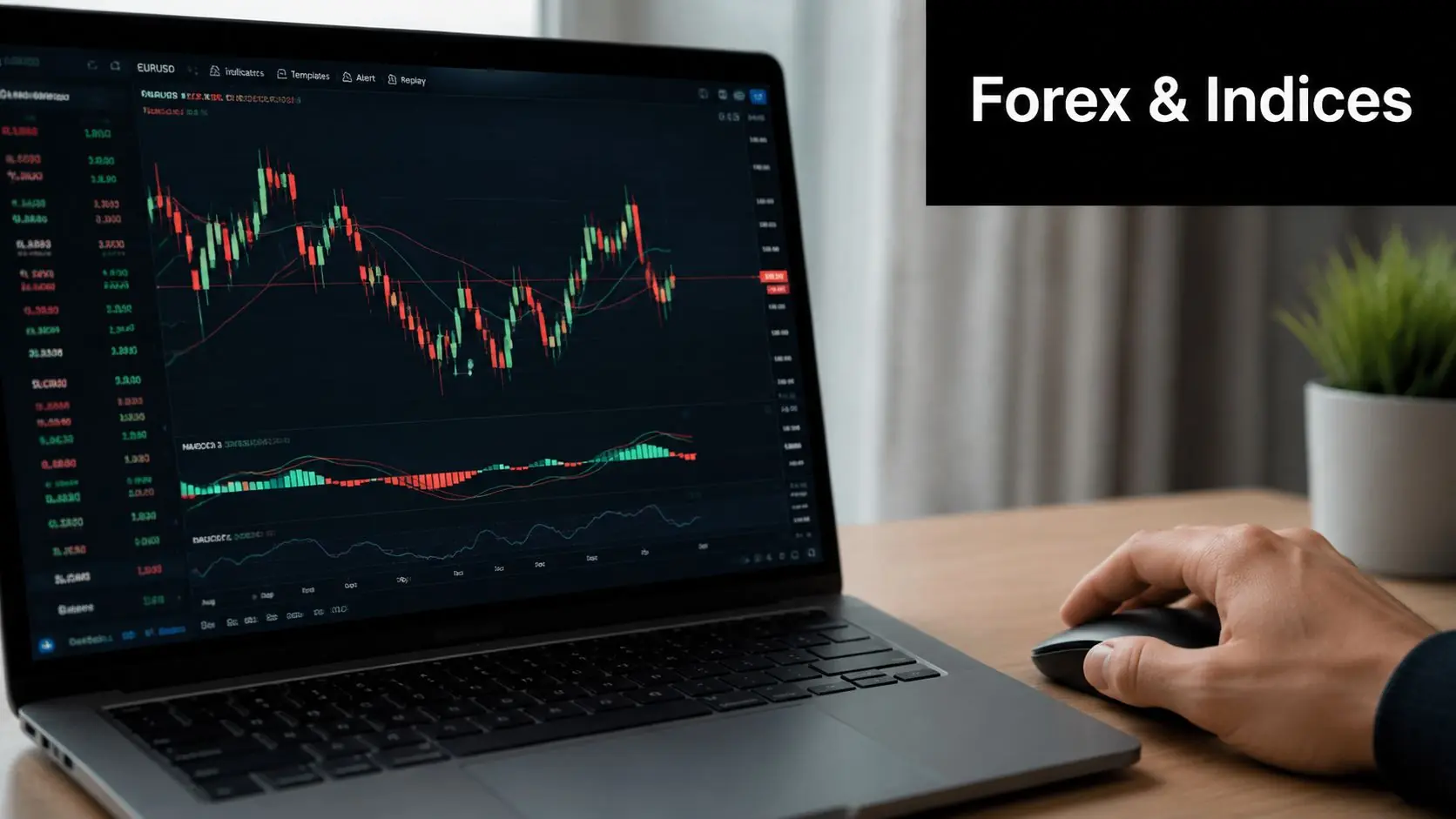 A person using a laptop with financial trading charts displayed on the screen for market analysis.
