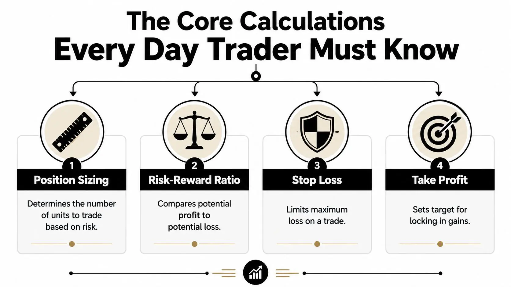An infographic showing the four essential calculations for day traders: position sizing, risk-reward ratio, stop loss, and take profit.