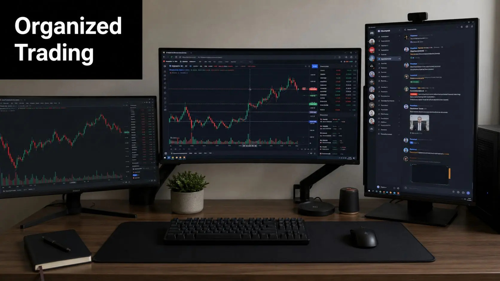 A clean trading desk setup featuring multiple monitors displaying stock market charts and a discord communication channel.