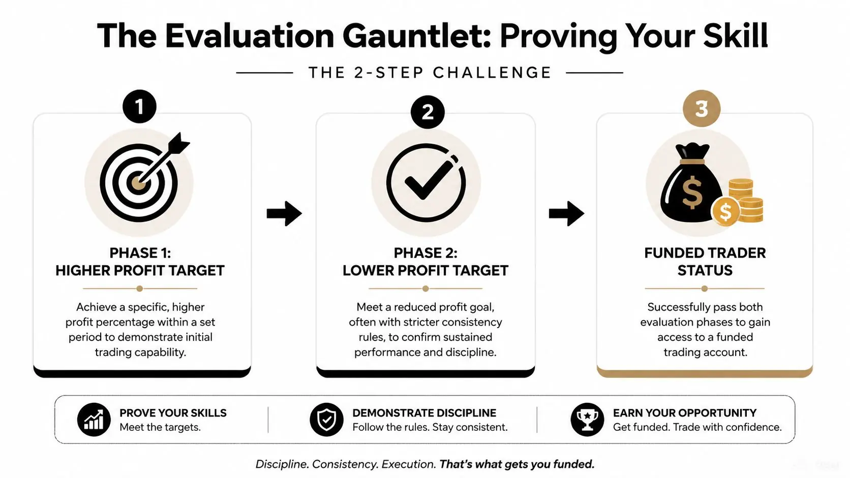 A diagram illustrating a two-step evaluation process for becoming a funded trader in financial markets.
