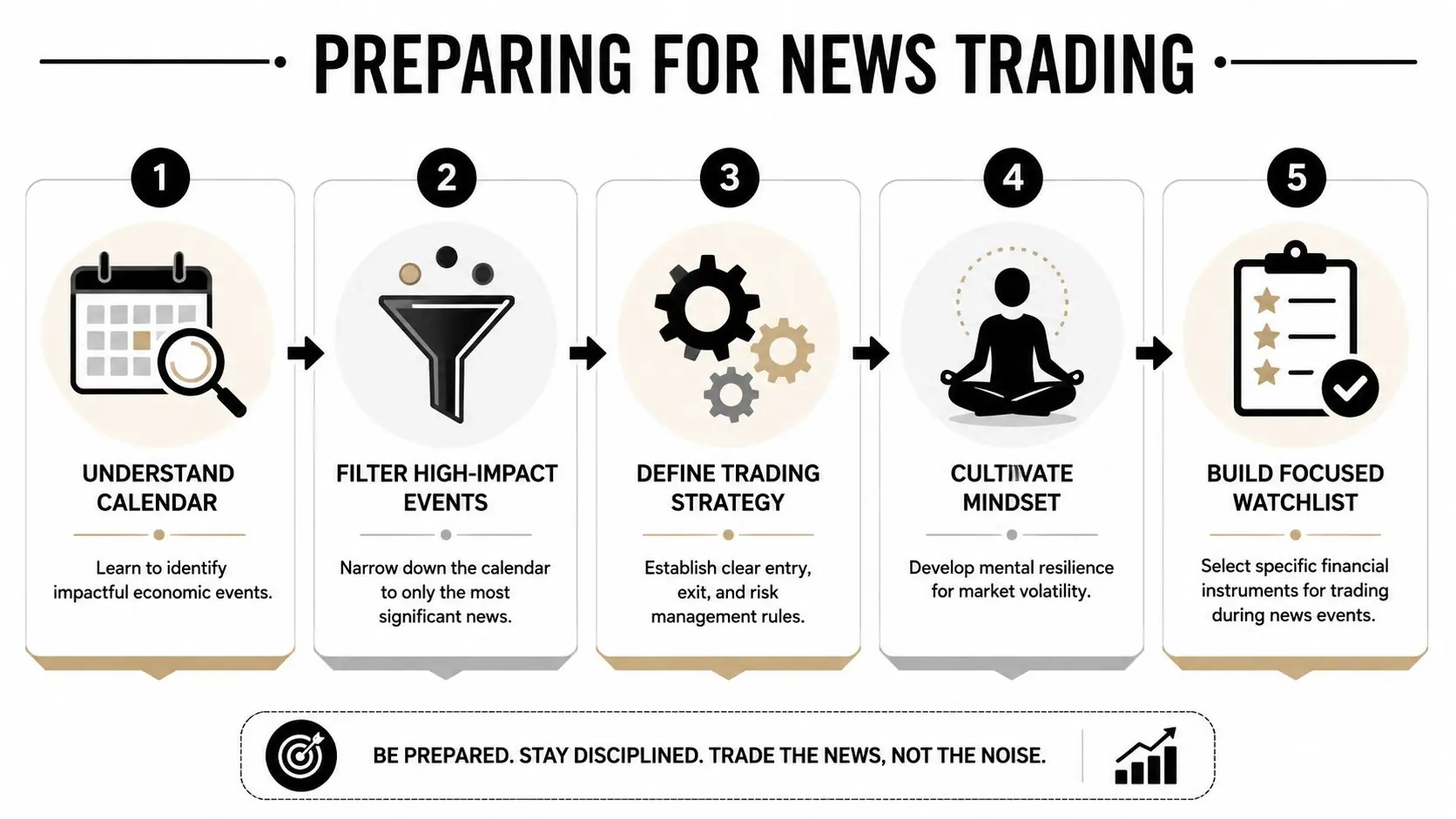 A five-step infographic illustrating the process of preparing for news trading in financial markets.