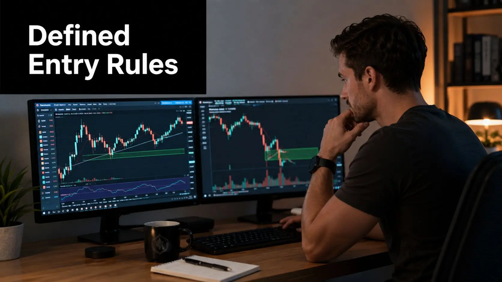 A professional trader sitting at a desk with two monitors displaying financial market technical analysis charts.
