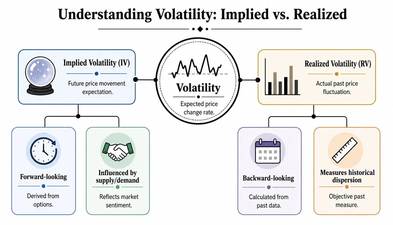 A diagram comparing implied volatility as forward-looking market expectations versus realized volatility as backward-looking past price fluctuations.