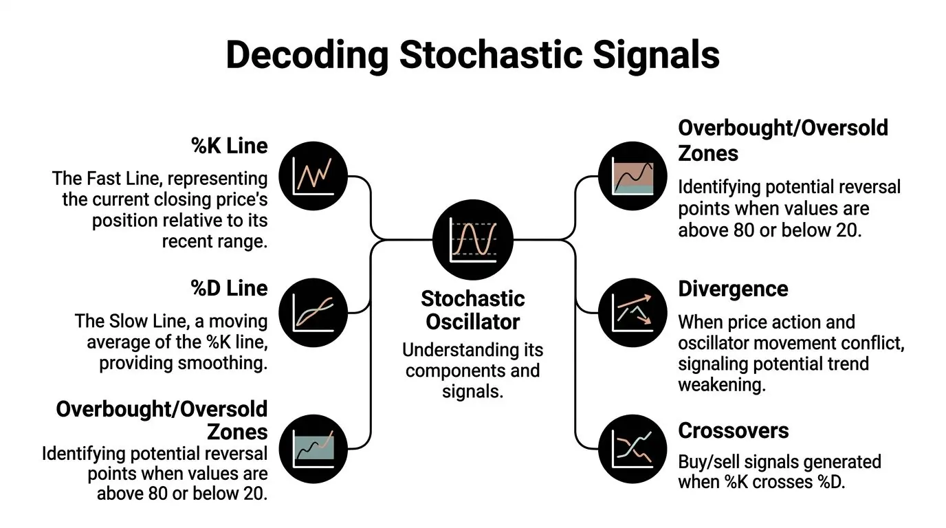 A diagram explaining the components and signals of the stochastic oscillator in technical trading analysis.