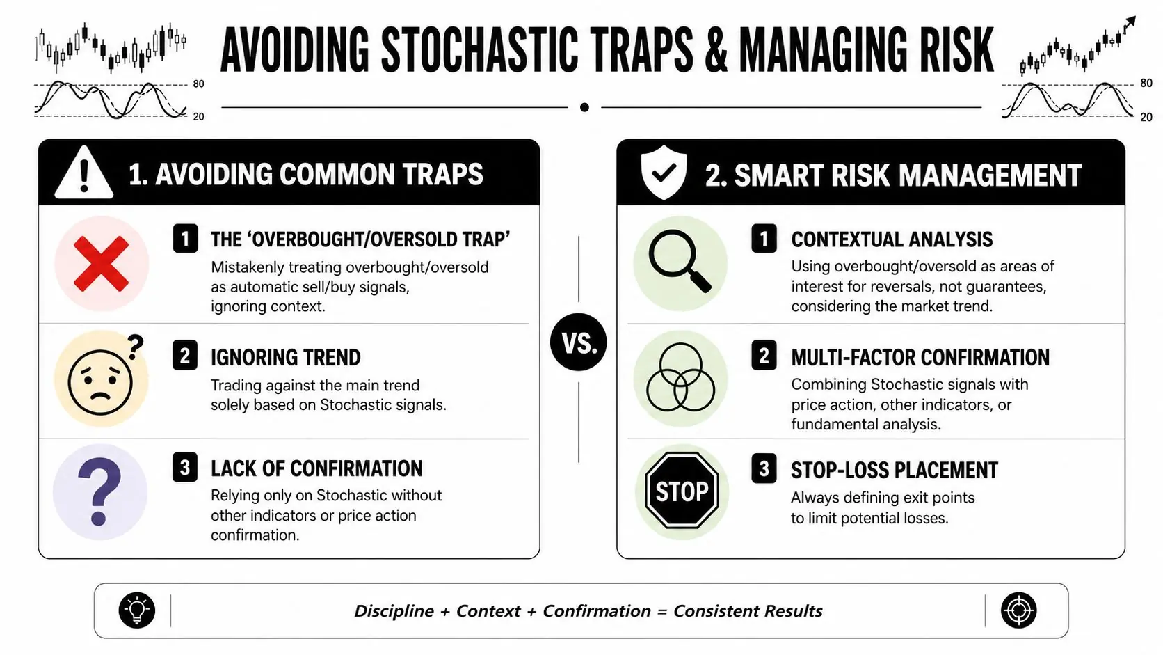 An infographic titled Avoiding Stochastic Traps and Managing Risk, comparing trading pitfalls with smart risk management techniques.