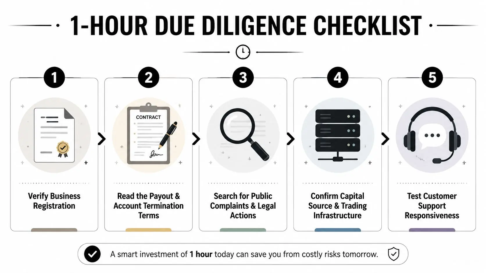 A five-step due diligence checklist infographic designed to help traders evaluate prop firms before investing.
