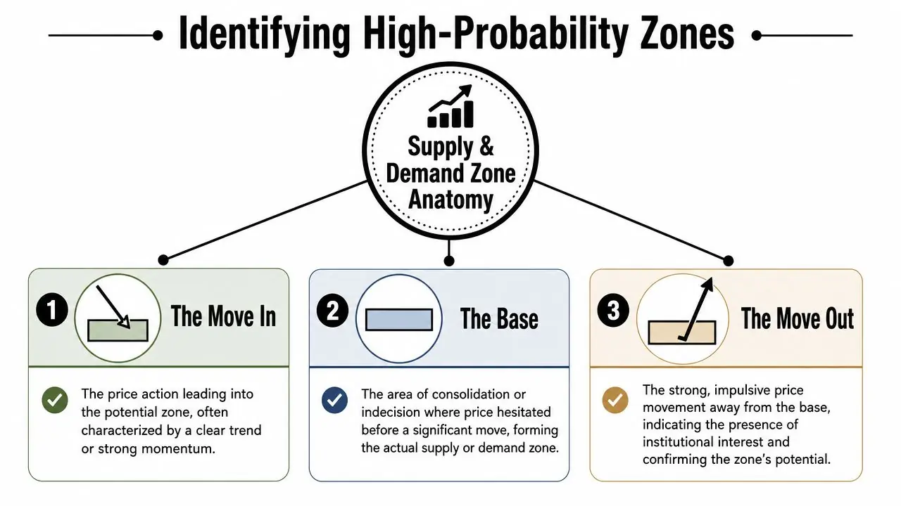 An educational infographic explaining the three core components of identifying high-probability supply and demand trading zones.