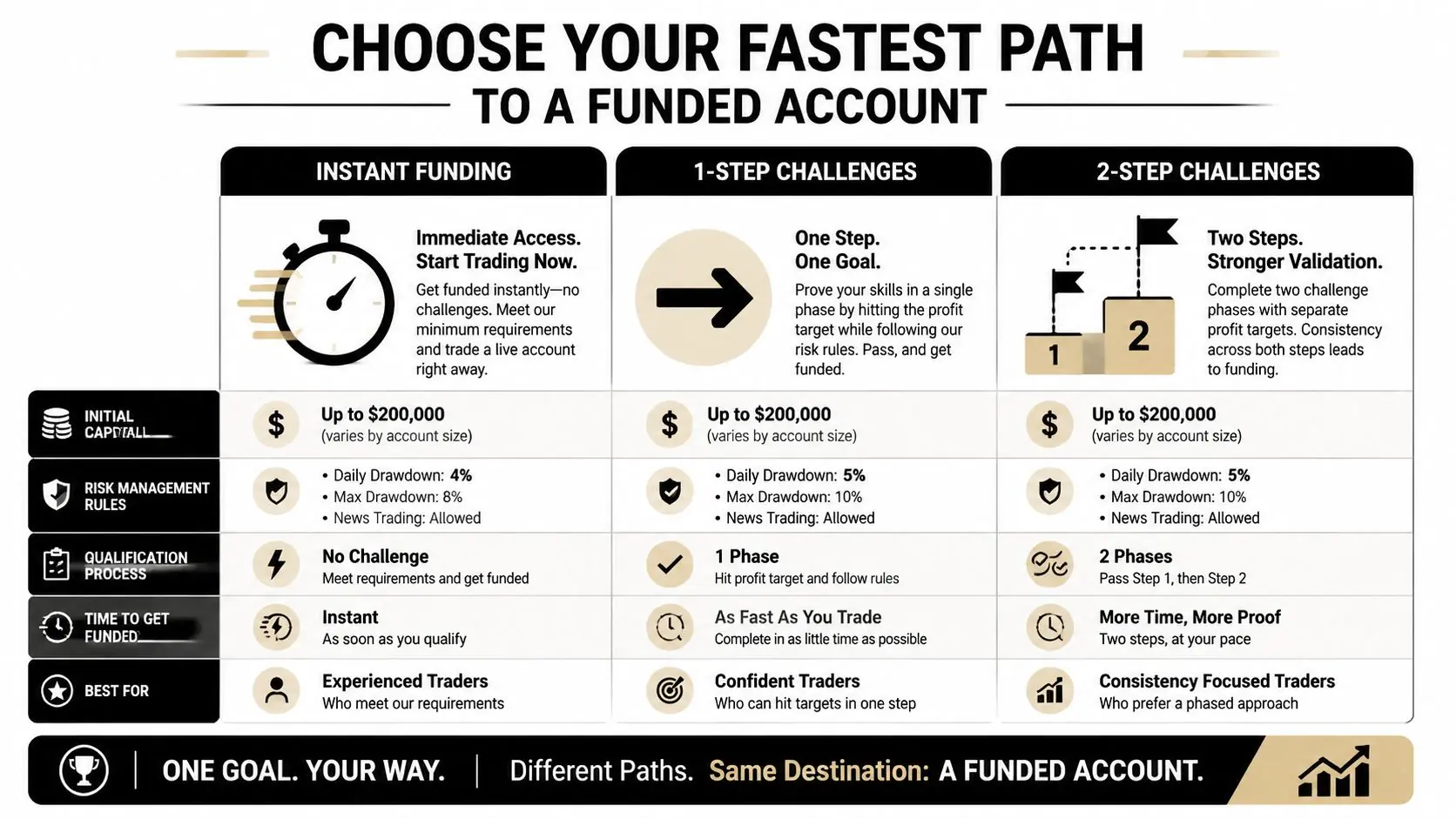 A comparison table outlining three different funding paths for traders: instant, 1-step, and 2-step challenges.