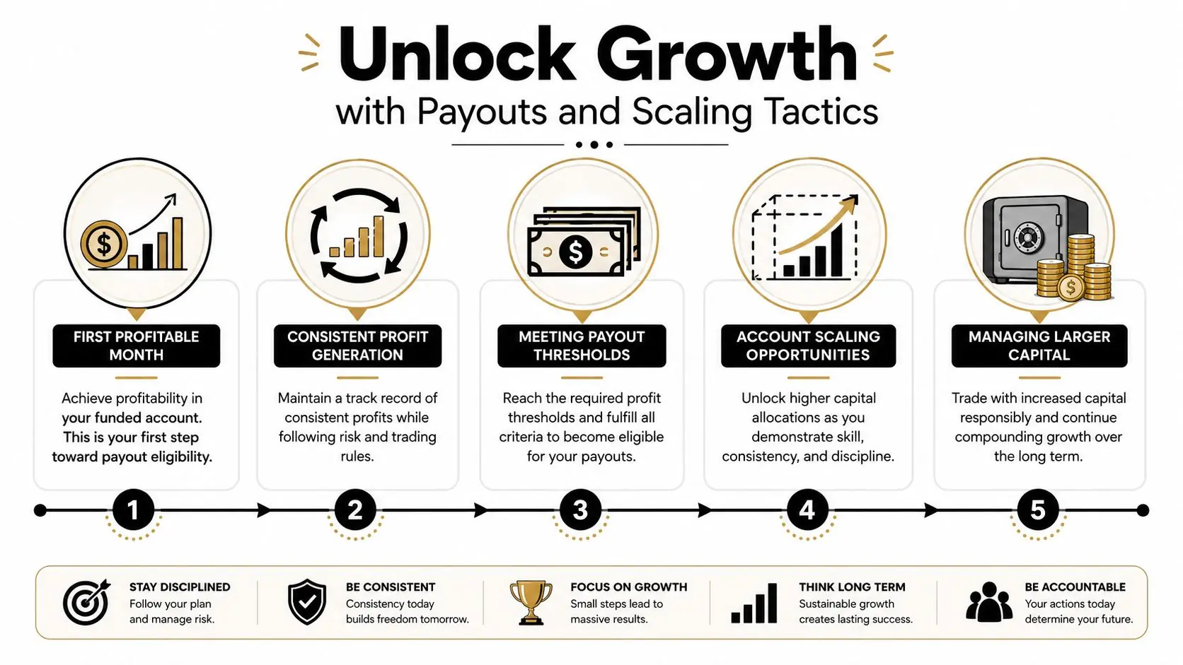 A five-step infographic showing the growth process for funded trading accounts with payouts and scaling tactics.