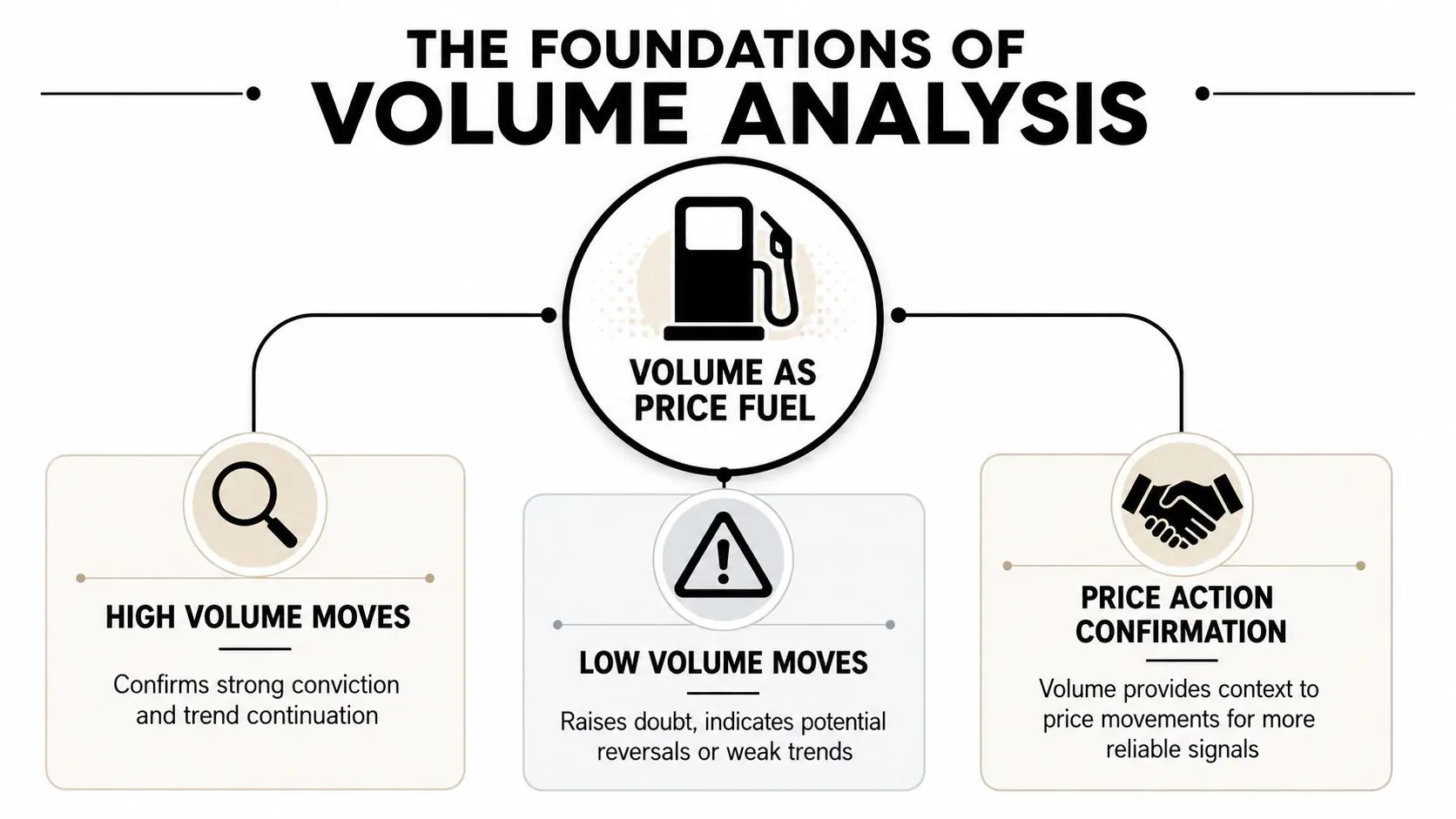 A diagram explaining the foundations of volume analysis in trading, including high volume moves, low volume moves, and confirmation.
