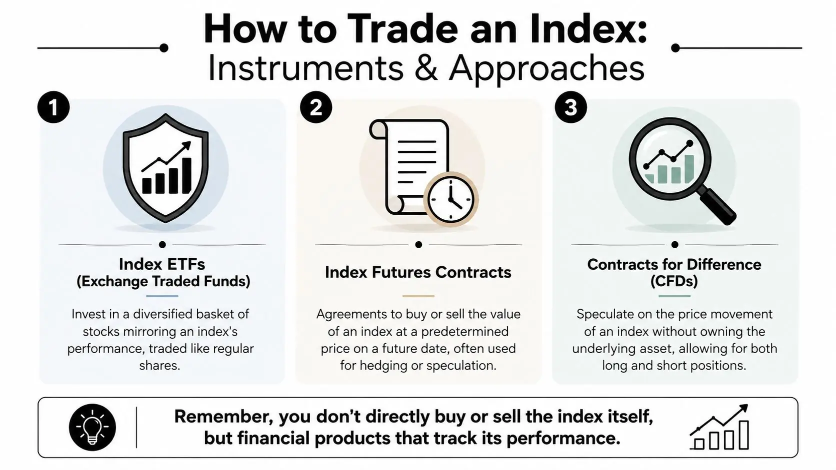 An infographic showing three ways to trade an index including ETFs, futures contracts, and CFDs.