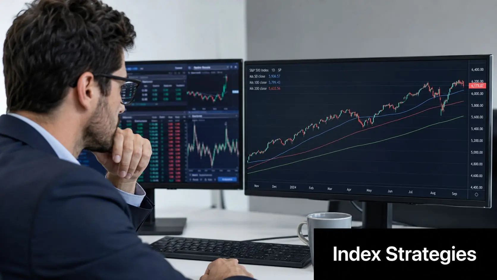A professional trader in a suit analyzing stock market index charts on dual computer monitors.