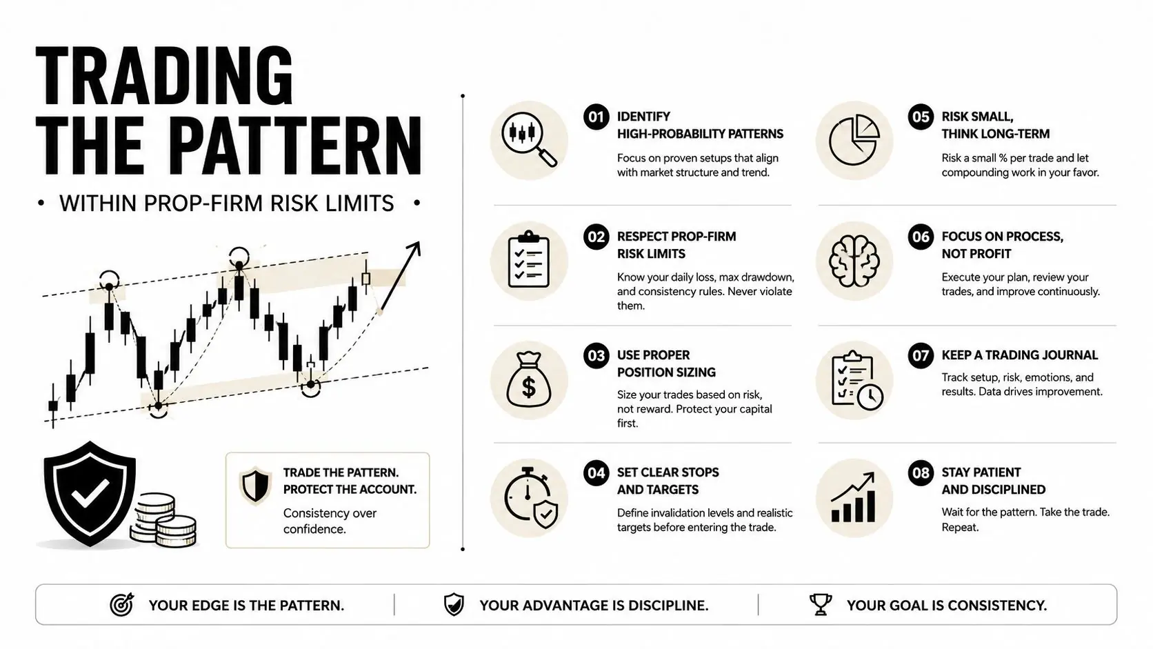 An infographic titled Trading the Pattern within prop-firm risk limits outlining eight essential steps for successful trading.
