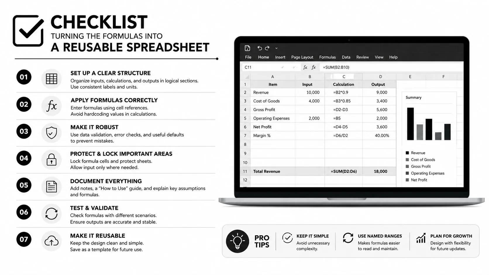A checklist for creating a reusable spreadsheet, showing seven steps and a sample calculation table on a laptop screen.