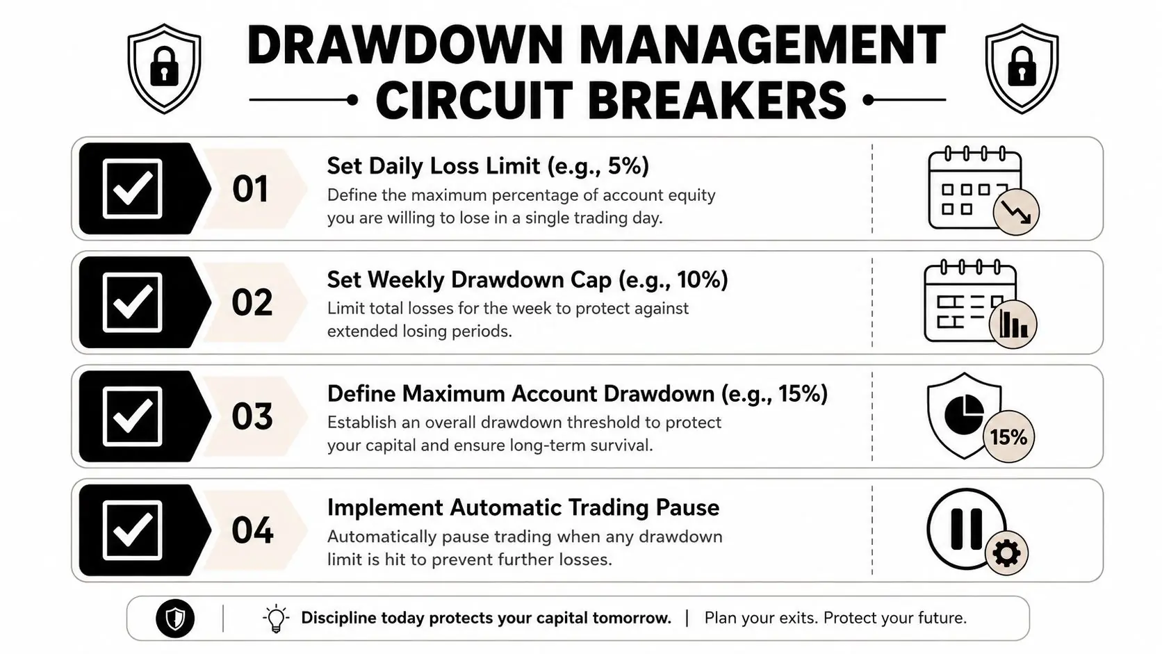 A diagram illustrating four key drawdown management circuit breakers for protecting trading capital and risk management.
