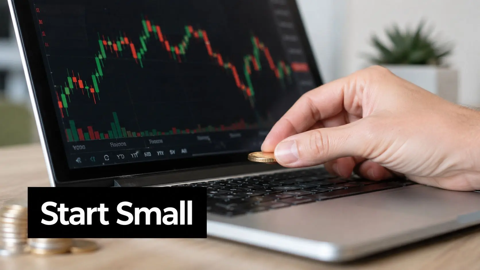 A person's hand holding a coin over a laptop keyboard with a stock market graph screen visible.