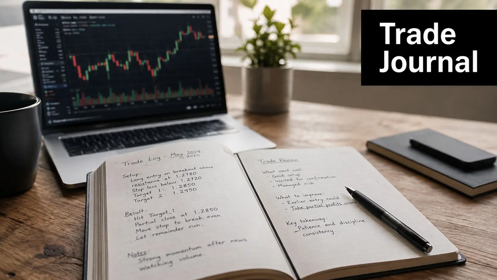 A professional desk setup featuring a laptop with trading charts and a handwritten trade journal notebook.