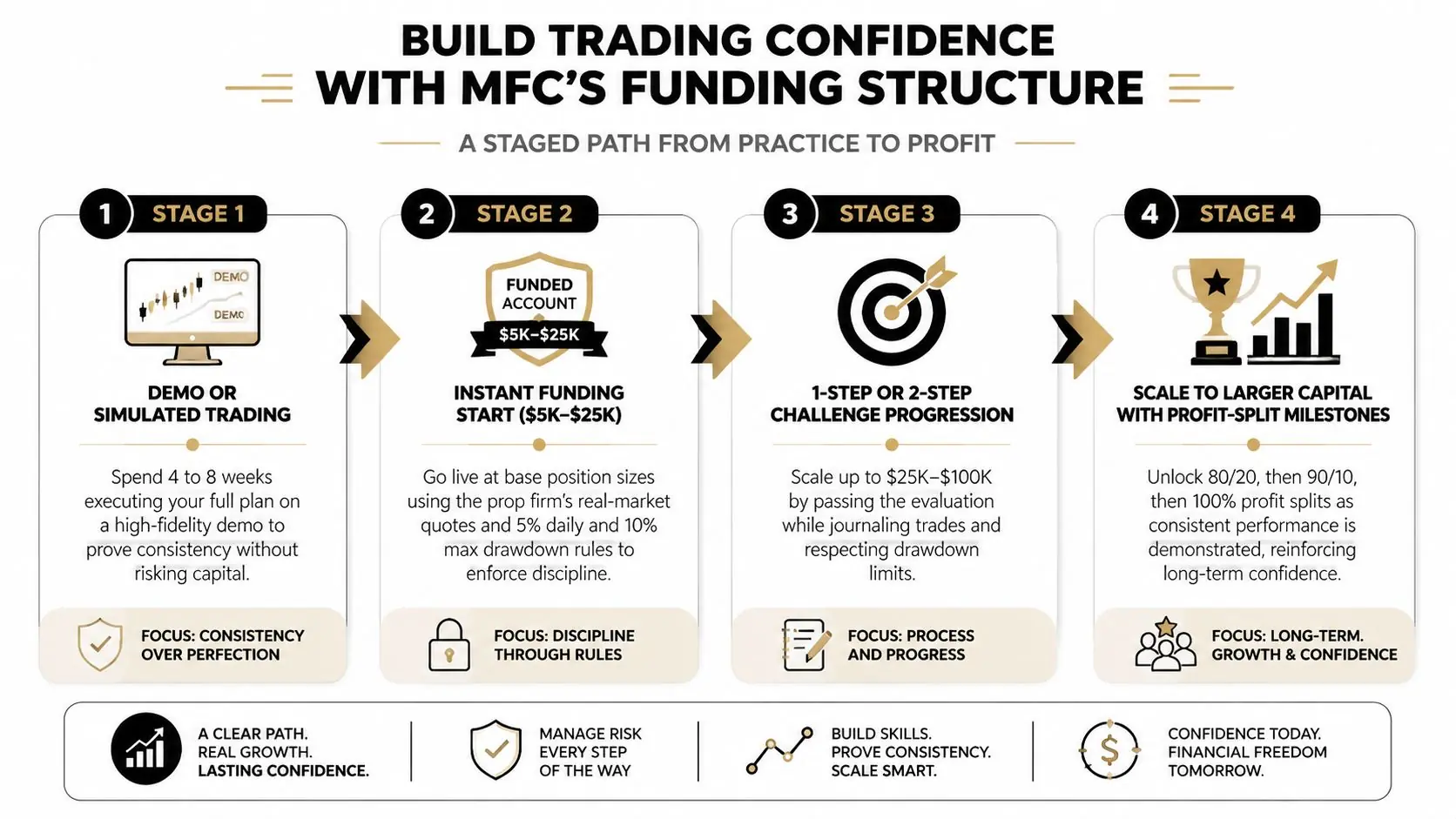An infographic showing a four-stage process to build trading confidence through a structured funding path.