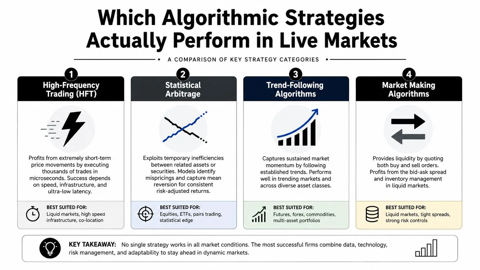 A comparison chart outlining four key algorithmic trading strategies including high-frequency, statistical arbitrage, trend-following, and market making.