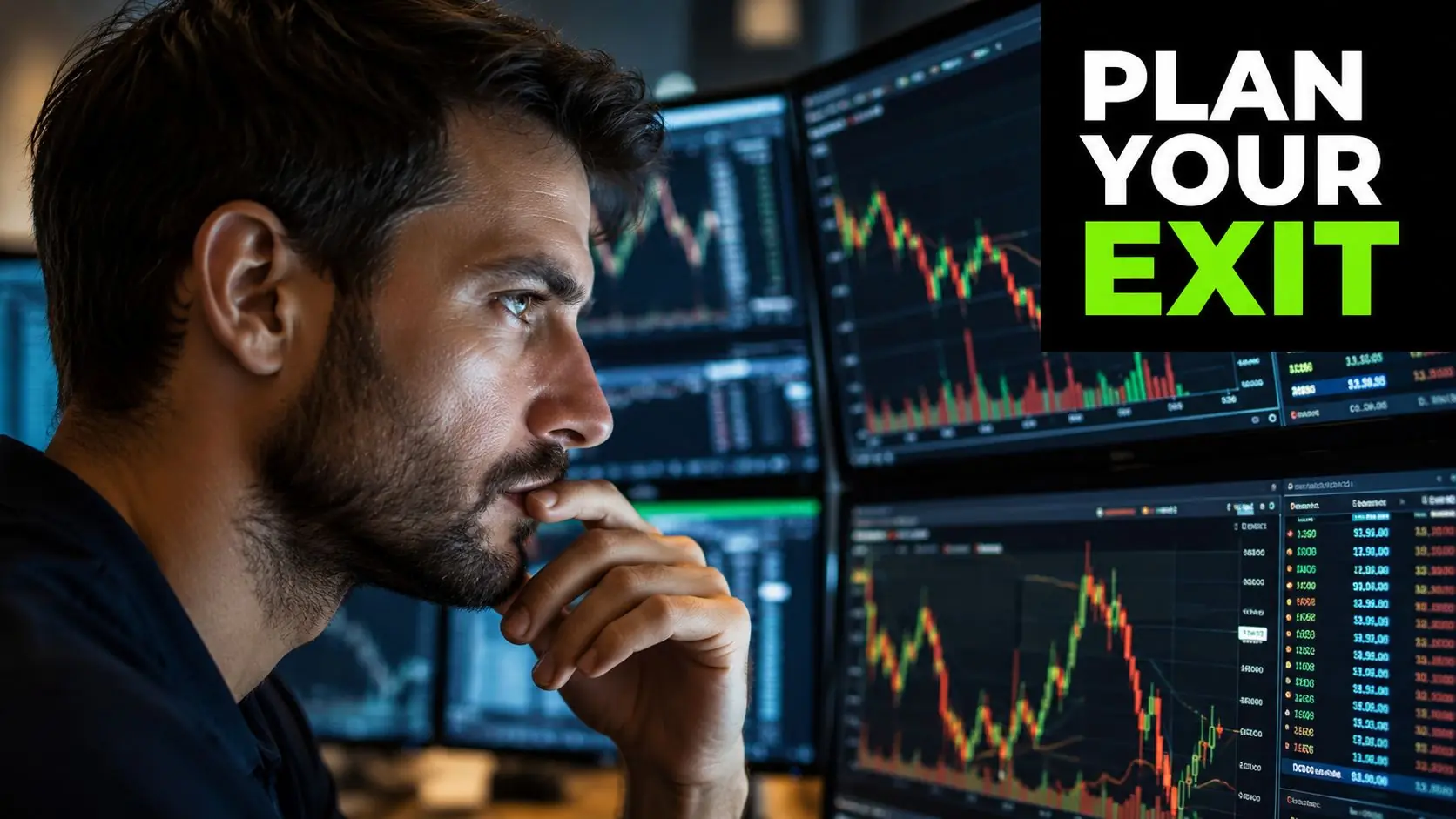 A focused male trader analyzes stock market charts on multiple computer monitors while contemplating his exit strategy.