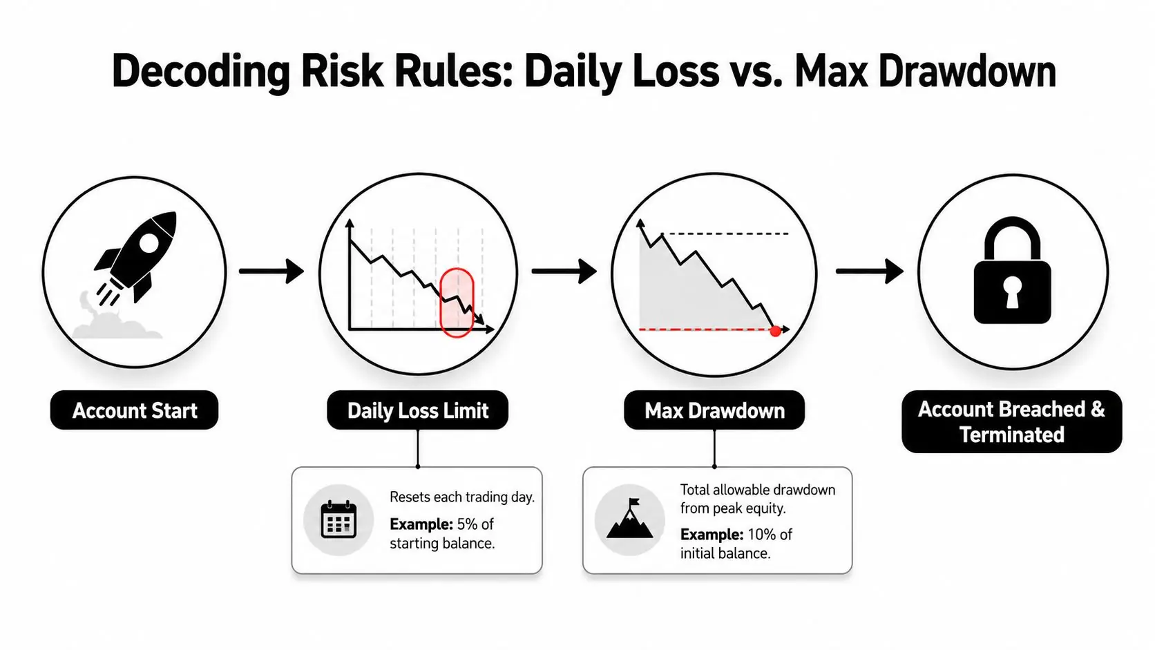 A diagram explaining daily loss limit versus max drawdown rules for trading accounts and potential termination.