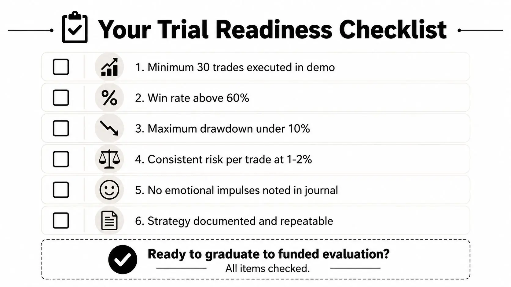 A checklist titled Your Trial Readiness Checklist with six criteria for traders to move to funded evaluation.