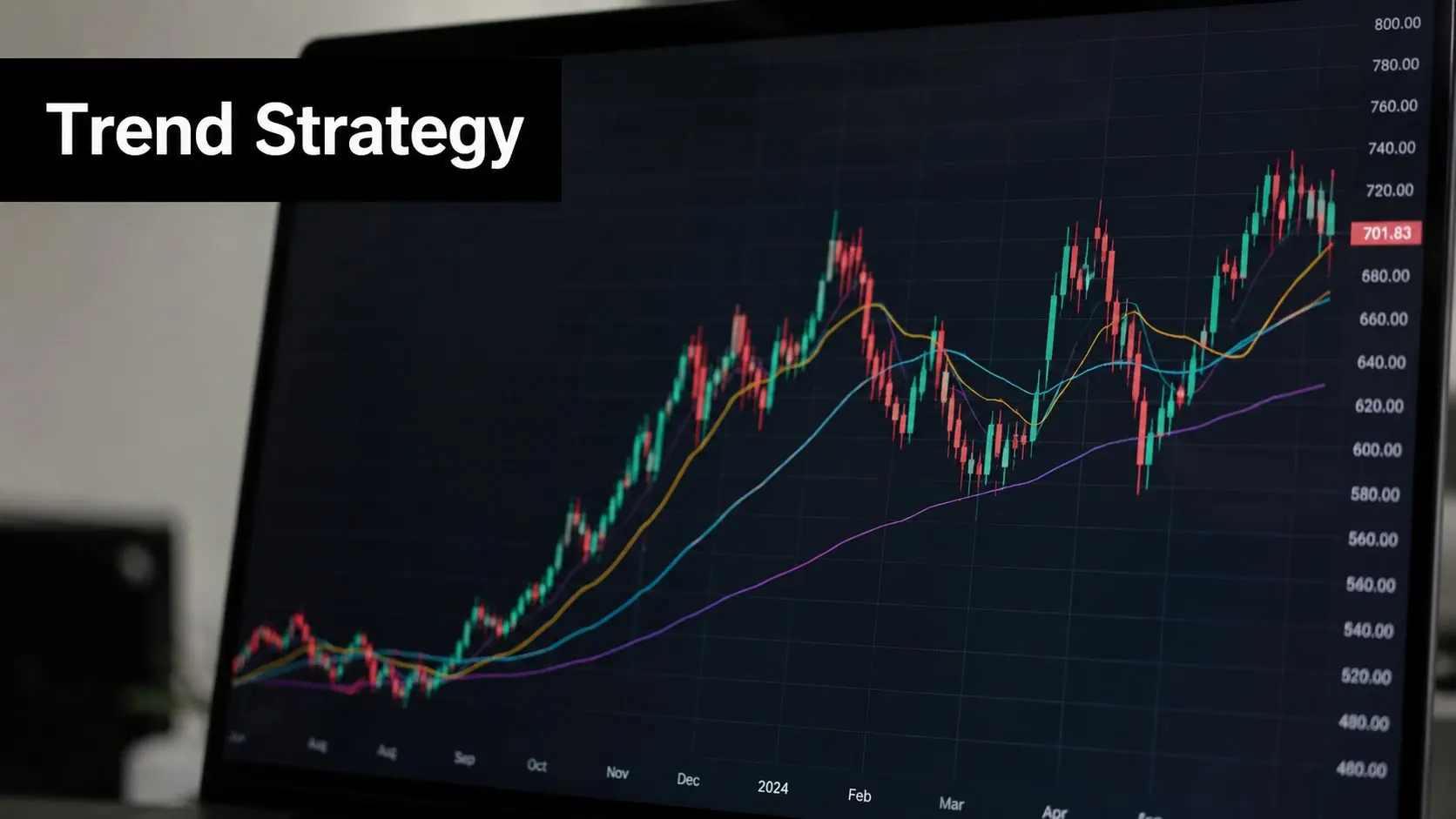 A close-up view of a laptop screen displaying a stock market chart showing upward trends.