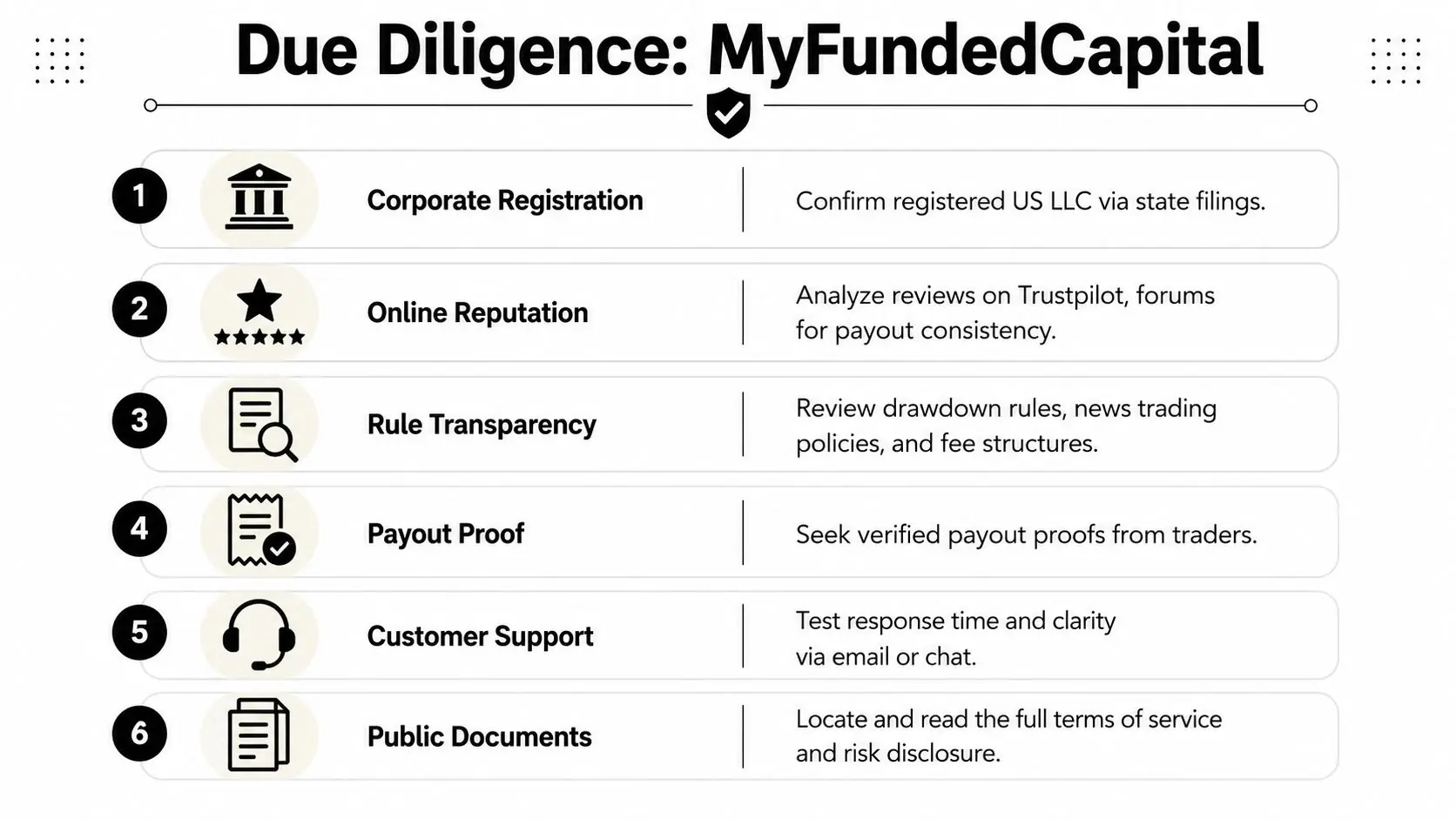 A checklist infographic outlining steps to conduct due diligence for evaluating the legitimacy of MyFundedCapital prop firm.