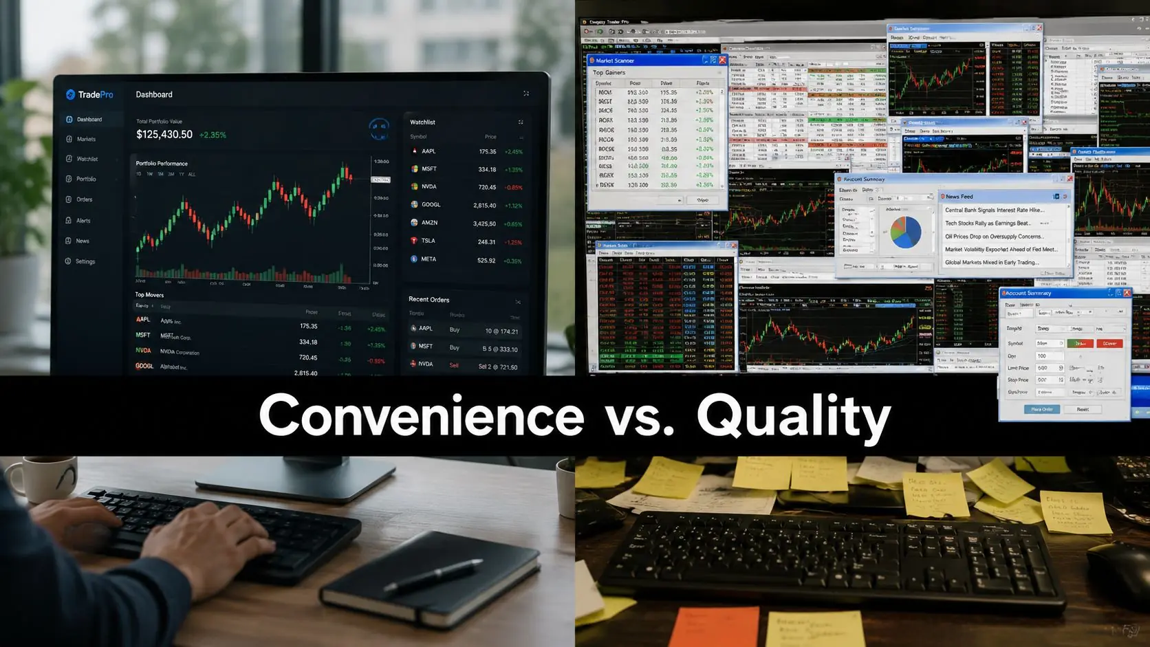 A comparison showing a modern, clean trading dashboard versus a cluttered, traditional multi-window desktop interface.
