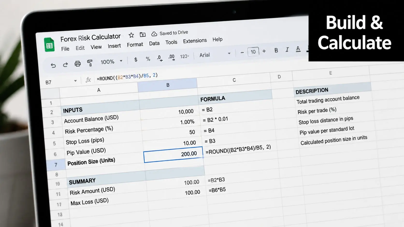 A laptop screen displaying a Google Sheets document titled Forex Risk Calculator with formulas and financial data.