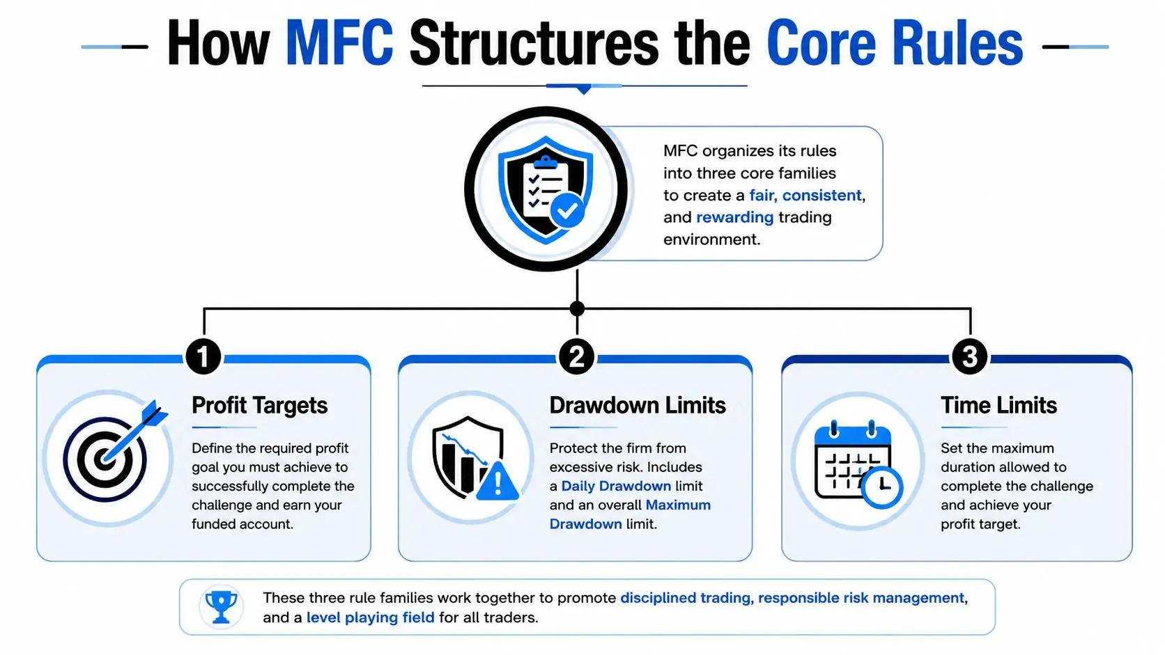 An infographic showing MFC trading structure with three core rules: Profit Targets, Drawdown Limits, and Time Limits.
