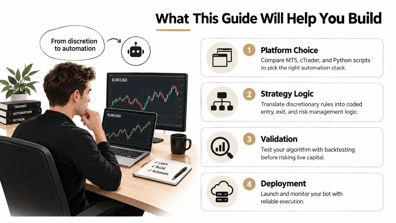A trader working at a desk with dual monitors displaying Forex charts and automation guide steps.