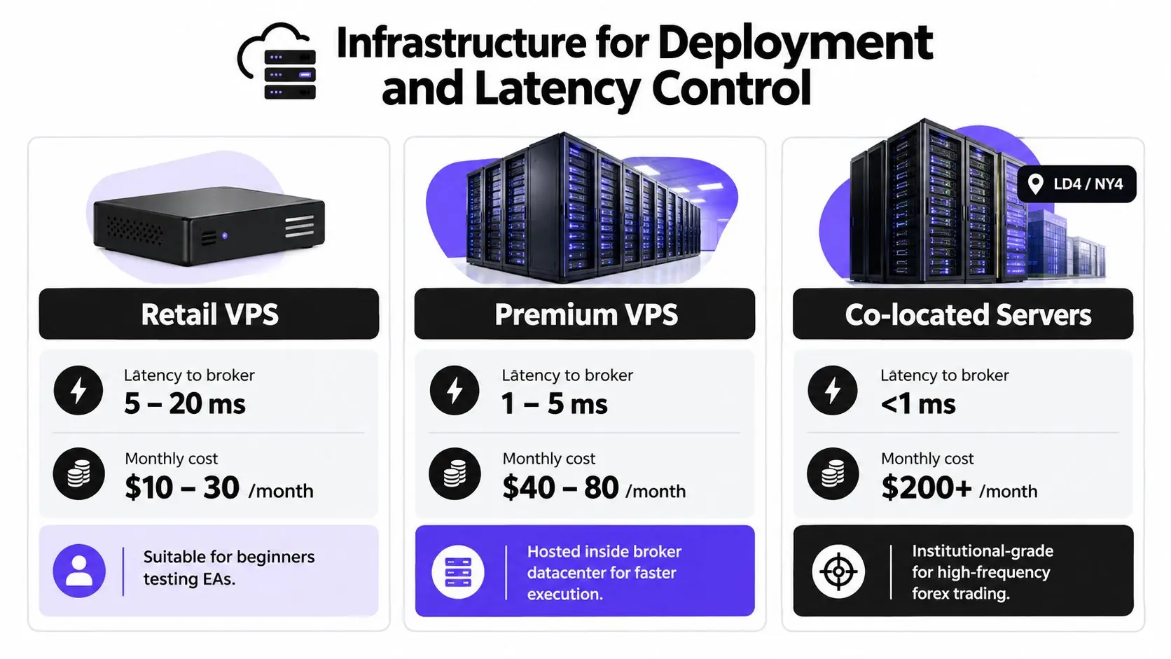 A comparison chart showing infrastructure options for forex trading including Retail VPS, Premium VPS, and Co-located servers.