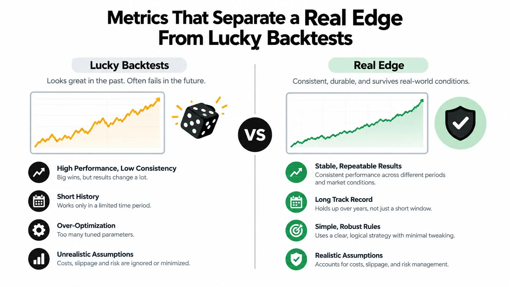A comparison chart showing the differences between lucky backtests and real trading edges for financial strategies.