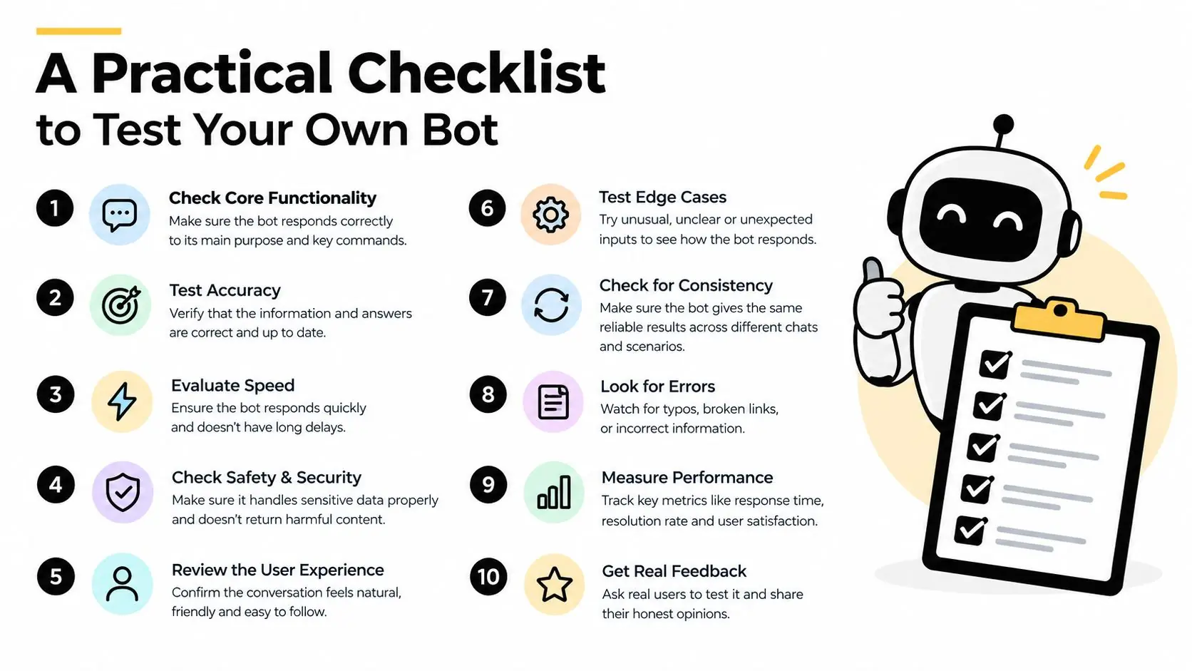 A checklist infographic titled A Practical Checklist to Test Your Own Bot for evaluating chatbot performance.