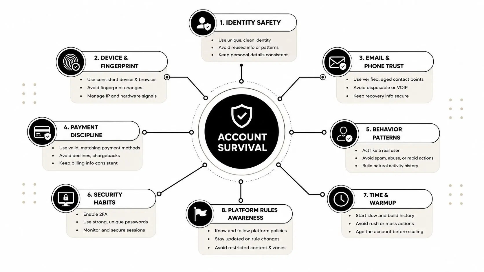 A diagram illustrating eight key strategies for maintaining and protecting online account survival and long-term security.