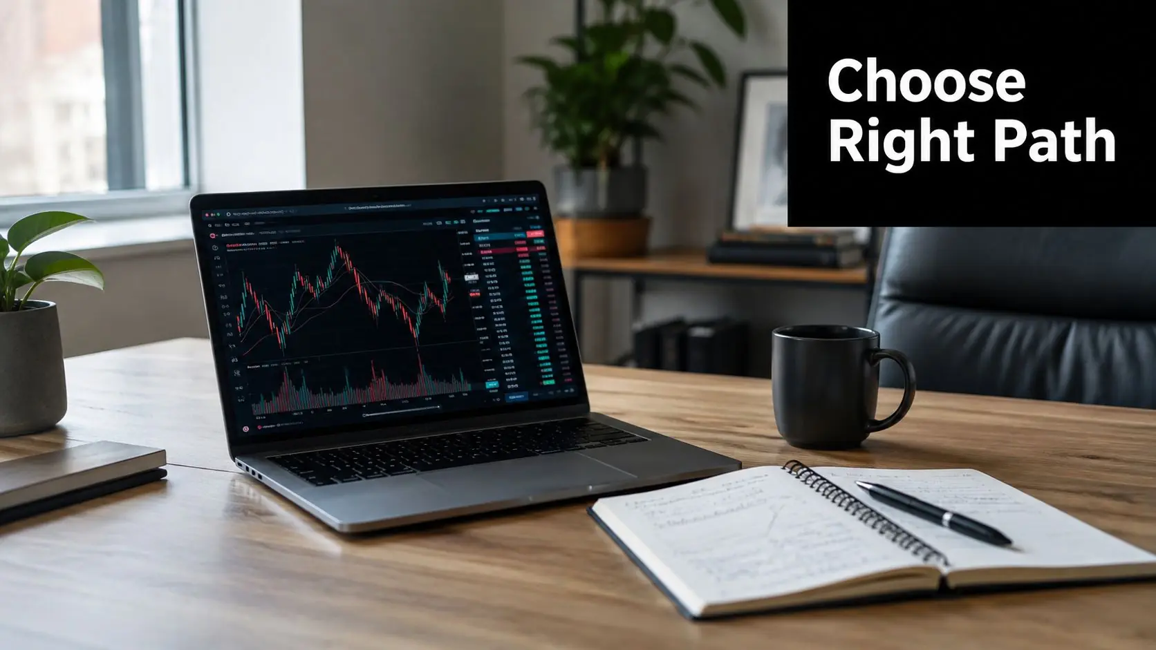 A laptop displaying financial stock market charts on a desk next to a notebook and coffee.