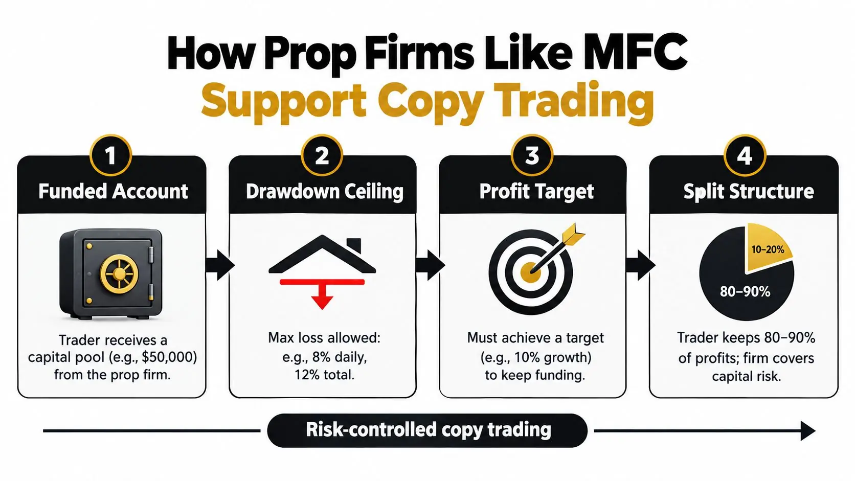 A diagram illustrating how proprietary trading firms support copy trading through four structured phases of risk management.