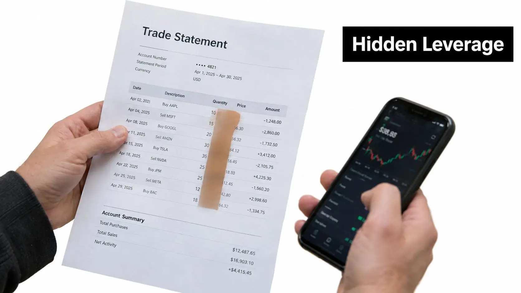 A person holding a trade statement paper in one hand and a smartphone showing market data.