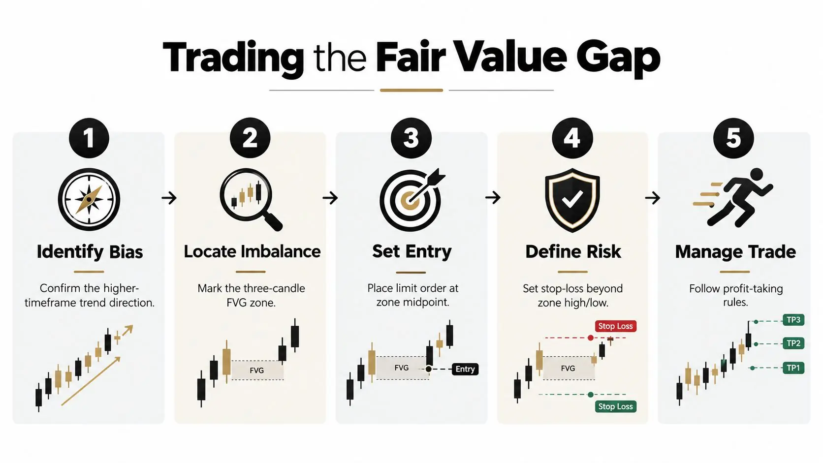 An infographic illustrating five essential steps for trading the Fair Value Gap in financial markets.