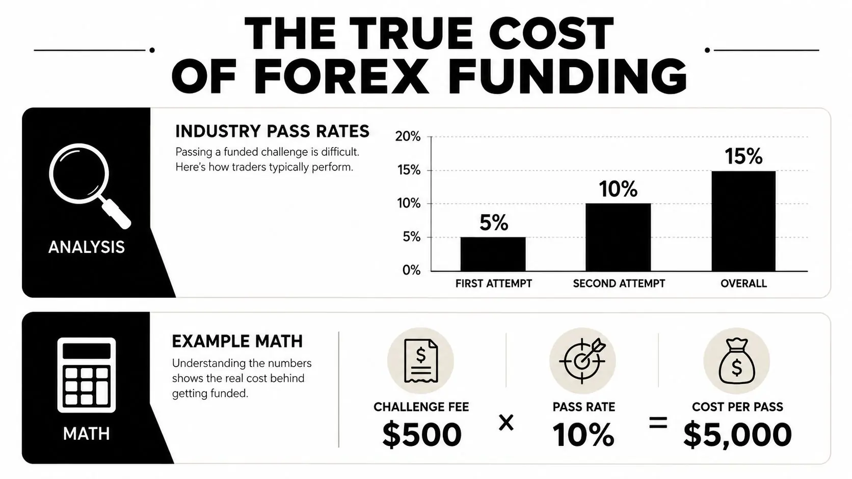 A chart illustrating industry pass rates for forex funding challenges and a mathematical calculation of costs.