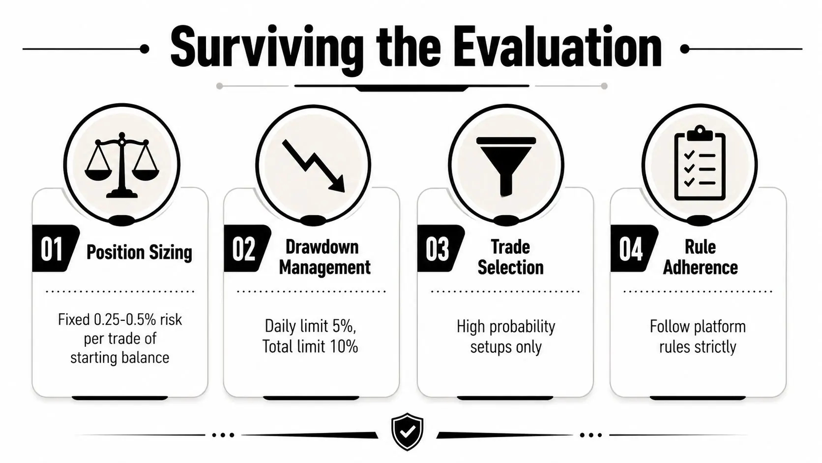 An infographic titled Surviving the Evaluation detailing four essential rules for forex trader funding success.
